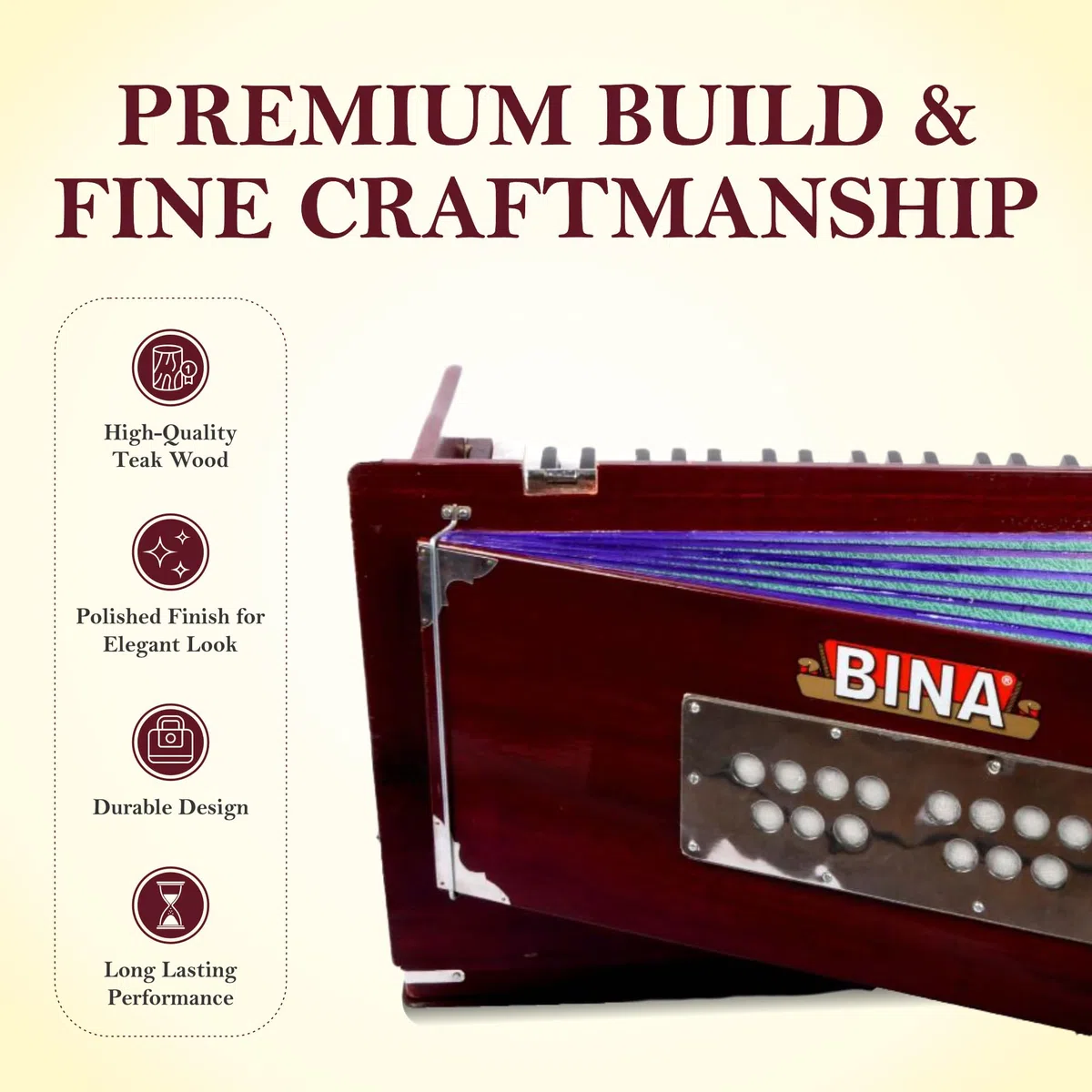 Harmonium BINA n.º 23B Dx. Cereza portátil de 3 1/2 octavas, edición 2024, pequeño, portátil, compacto, safri, color natural, Kirtan, teclado indio