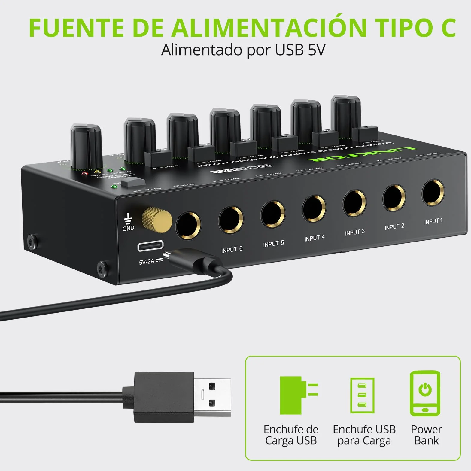 LiNKFOR Mini Mezclador de Audio Estéreo de 6 Canales Compacto Mezclador de Audio Control de Volumen Independiente Mini Mixer de Audio DC 5V USB-C con 6.35mm Cable de Audio para Micrófonos, Altavoces