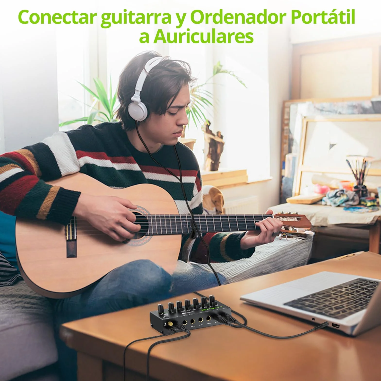 LiNKFOR Mini Mezclador de Audio Estéreo de 6 Canales Compacto Mezclador de Audio Control de Volumen Independiente Mini Mixer de Audio DC 5V USB-C con 6.35mm Cable de Audio para Micrófonos, Altavoces