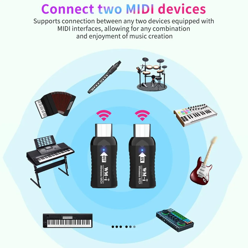 Kavolet Adaptador MIDI inalámbrico, transmisor/receptor de audio recargable, 2,4 GHz, latencia ultra baja, conector MIDI portátil integrado para instrumentos de viento, guitarra, teclado