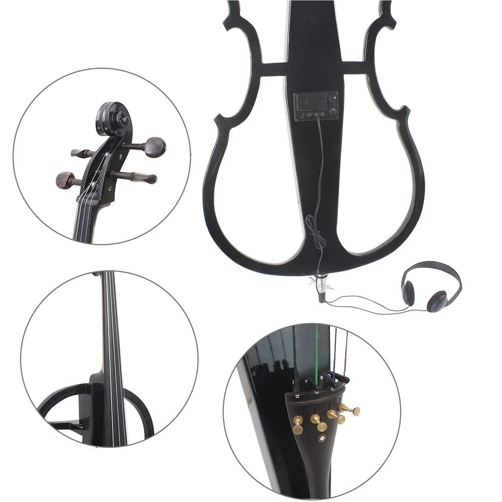 Violonchelo eléctrico de tamaño Completo 4/4, Violonchelo eléctrico de Madera Maciza, Cuerpo de Madera de Arce, Accesorios de ébano con Bolsa, Arco, sintonizador de Clip y Cuerdas adicionales