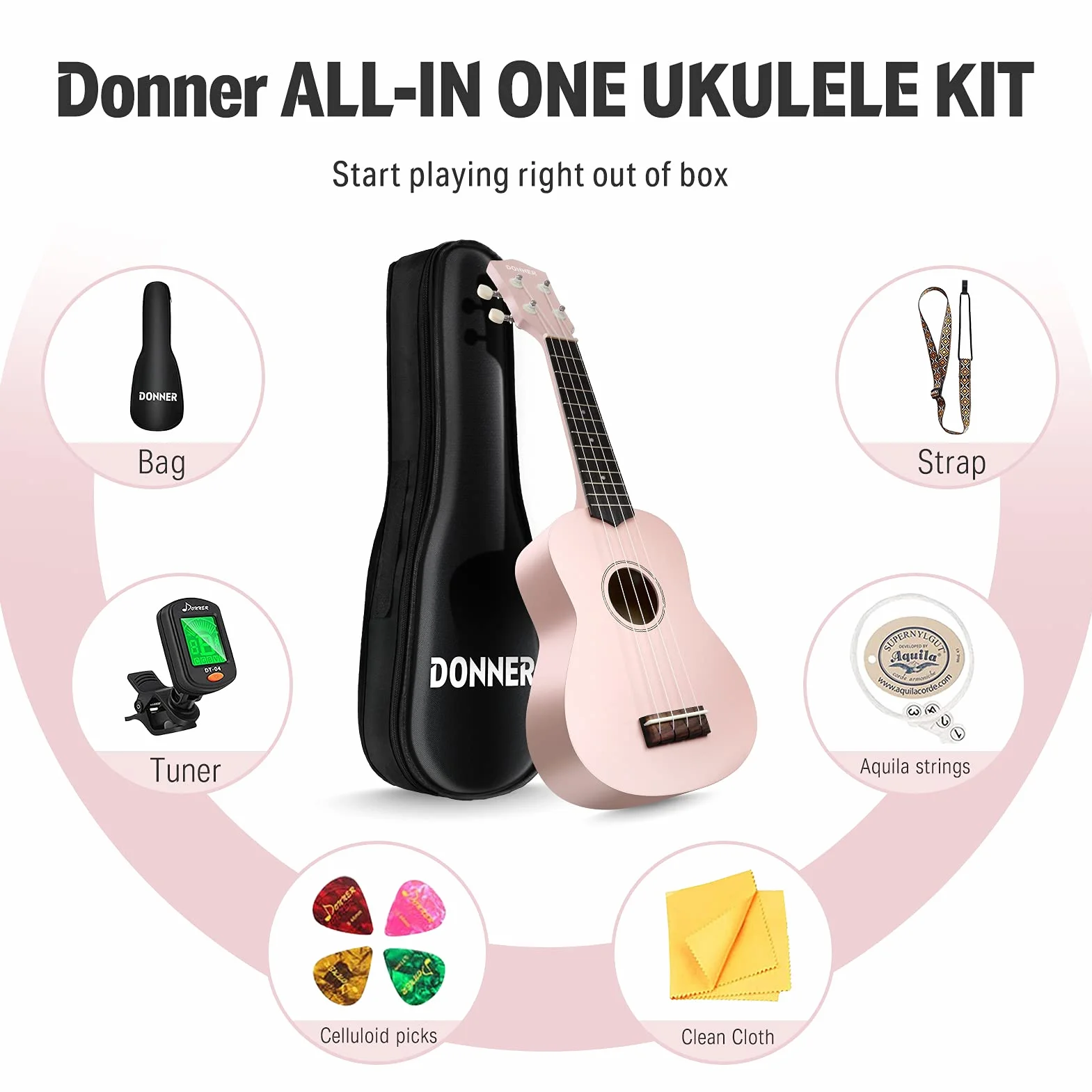 Donner Ukelele Soprano para Principiantes y Adultos, Ukulele Kit 21 Pulgadas Niños con Bolso, Correa, Afinador, Paño de Pulido con Online Inglés Lección (Rosa)