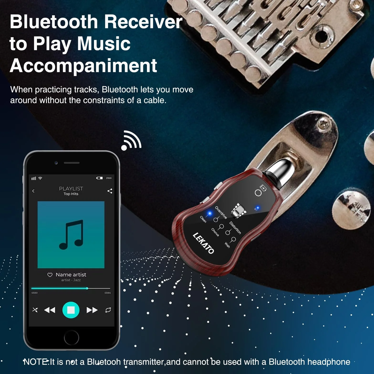 LEKATO Mini Amplificador de Guitarra Recargable de Bolsillo con Receptor Bluetooth, distorsión de sobremarcha y Wah