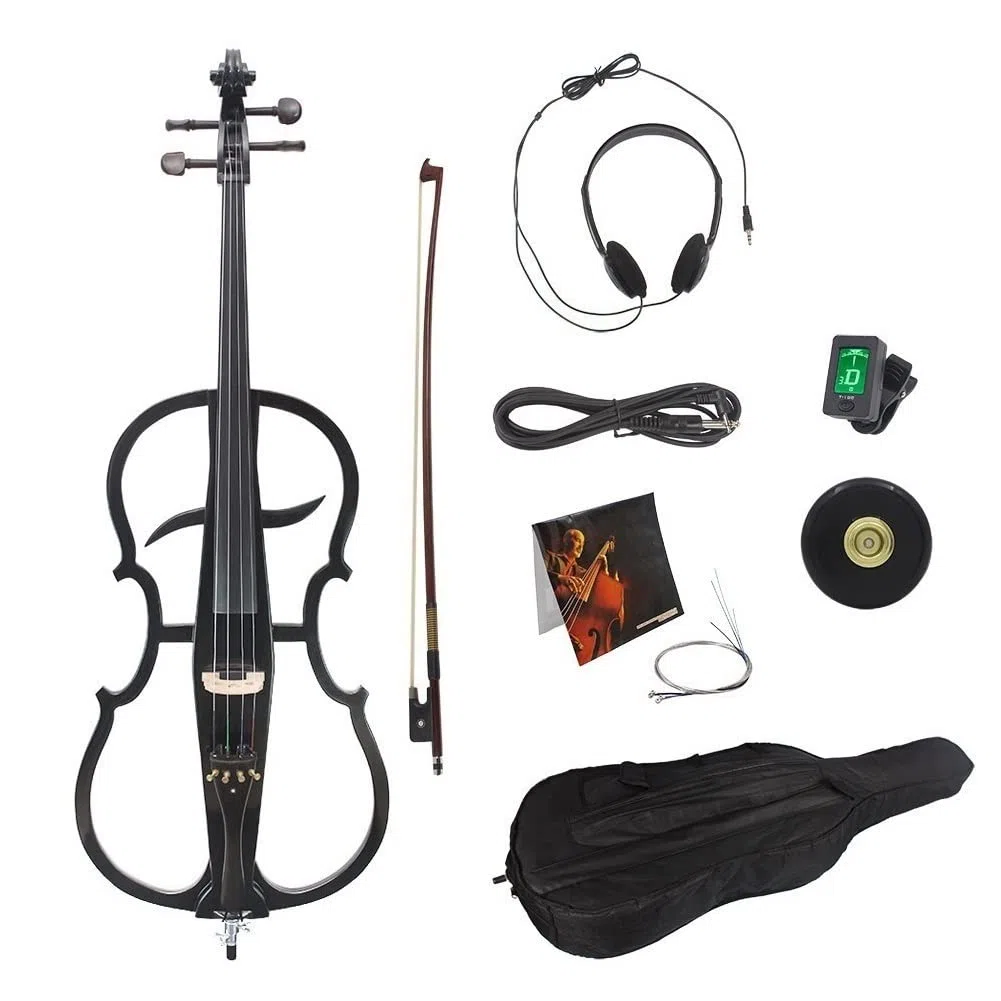 Violonchelo eléctrico de tamaño Completo 4/4, Violonchelo eléctrico de Madera Maciza, Cuerpo de Madera de Arce, Accesorios de ébano con Bolsa, Arco, sintonizador de Clip y Cuerdas adicionales