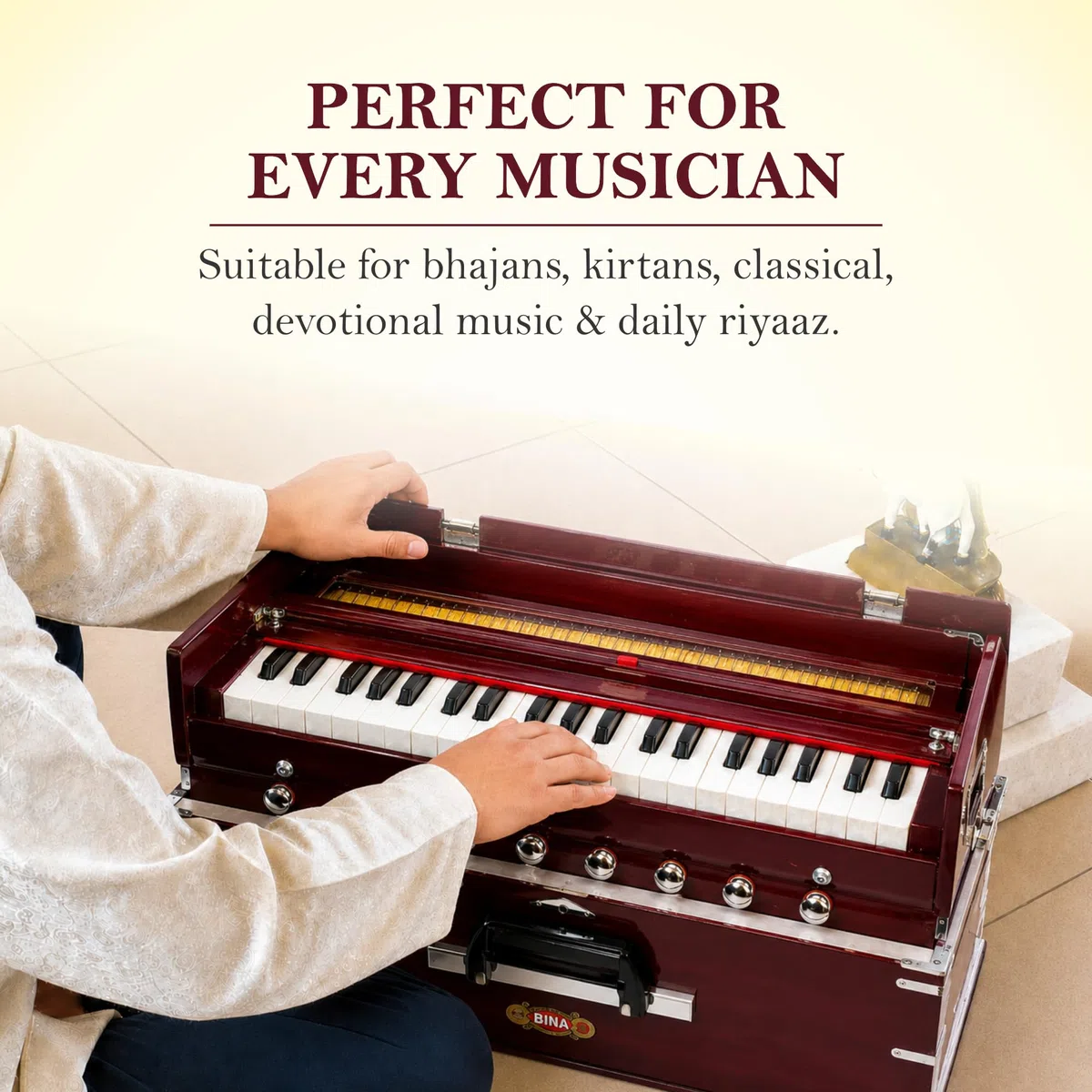 Harmonium BINA n.º 23B Dx. Cereza portátil de 3 1/2 octavas, edición 2024, pequeño, portátil, compacto, safri, color natural, Kirtan, teclado indio