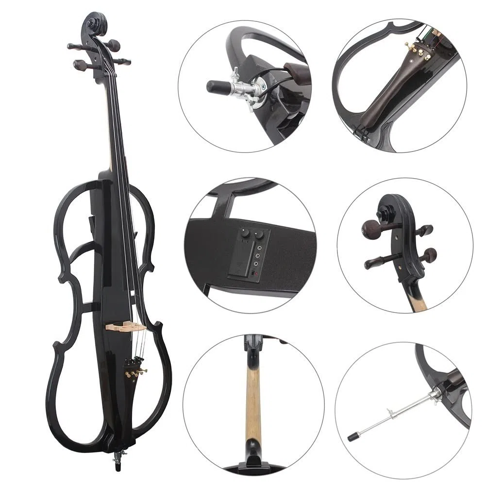 Violonchelo eléctrico de tamaño Completo 4/4, Violonchelo eléctrico de Madera Maciza, Cuerpo de Madera de Arce, Accesorios de ébano con Bolsa, Arco, sintonizador de Clip y Cuerdas adicionales