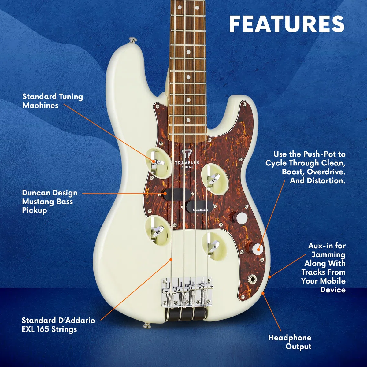 Traveler Guitar, Bajo de 4 cuerdas, derecho, blanco perla (TB4P PW PF)