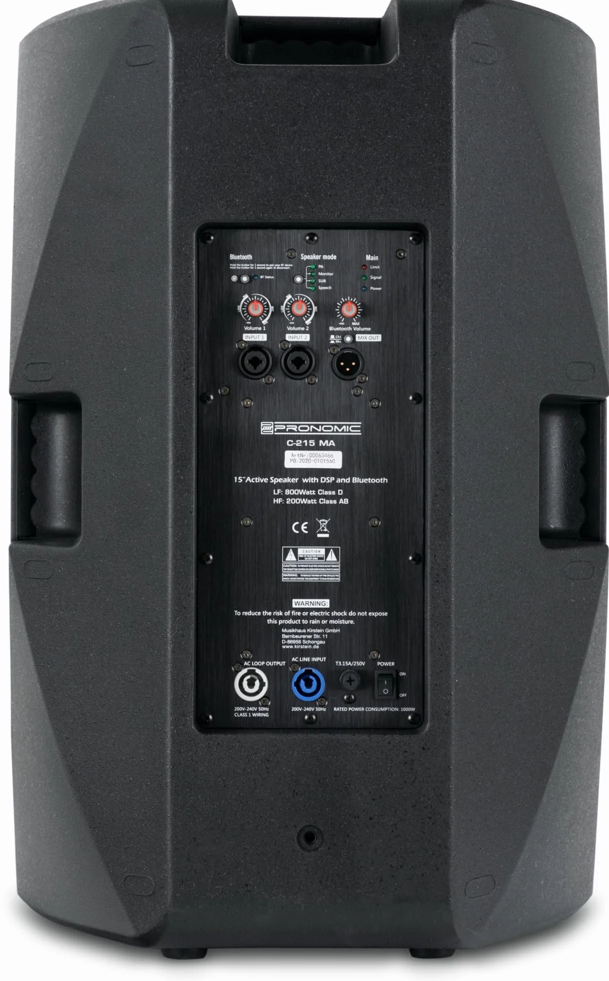 Pronomic C-215 MA - 2X Altavoz Activo de 2 vías con 2 Canales - Potencia: 1000 vatios - Woofer de 15" + Tweeter de Titanio de 1,75" - Receptor Bluetooth - Carcasa con inclinación para el Monitor