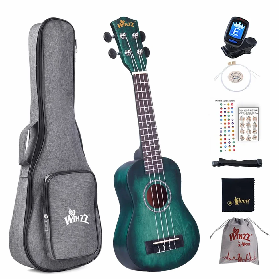 Winzz Ukelele Soprano Principiante para Niños Adulto con 8 Accesorios, Diseño de Color Único - 21 Pulgadas Cian Oscuro