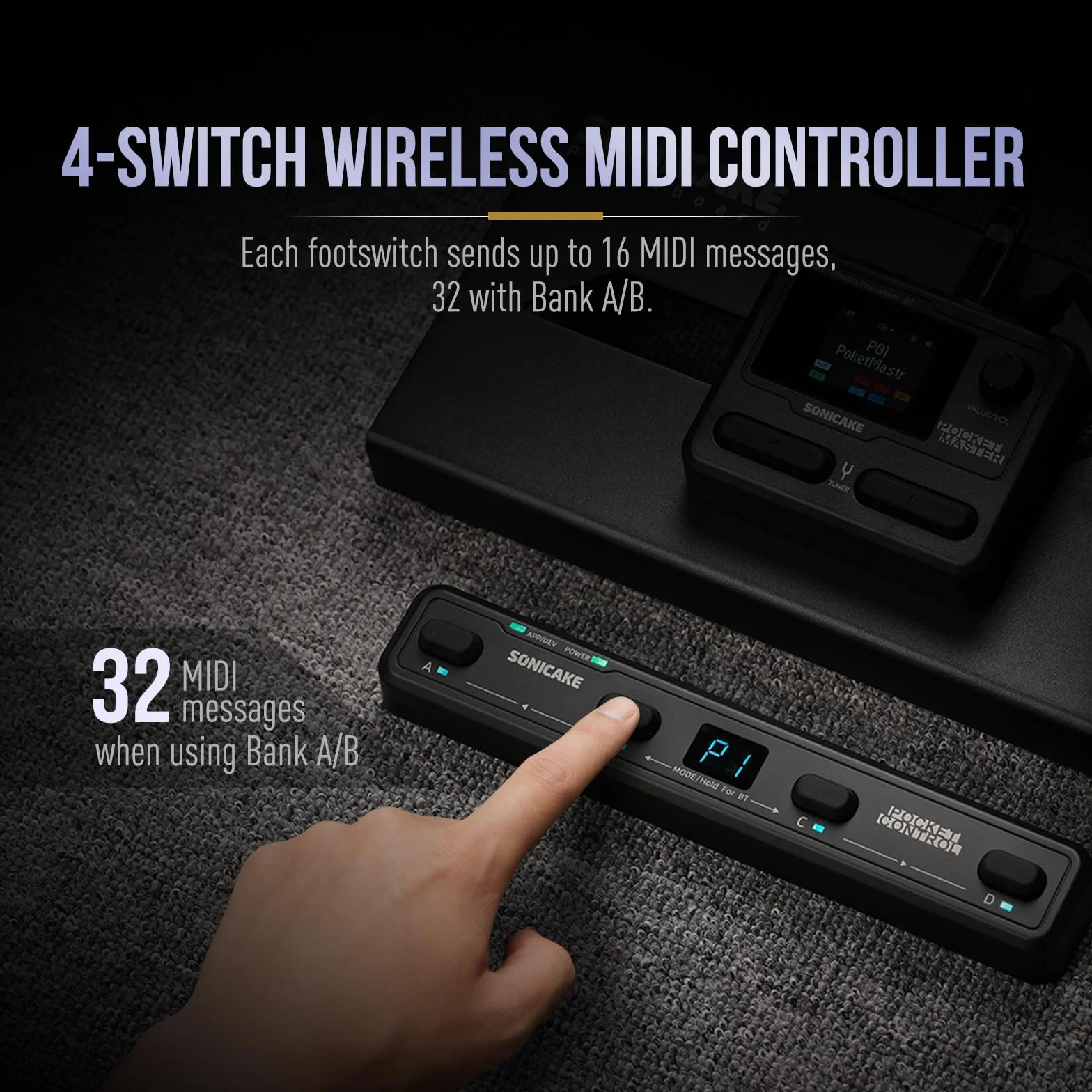 SONICAKE Controlador MIDI Inalámbrico Pedal de Efectos con 4 Botones y App BT Pocket Control (Negro)