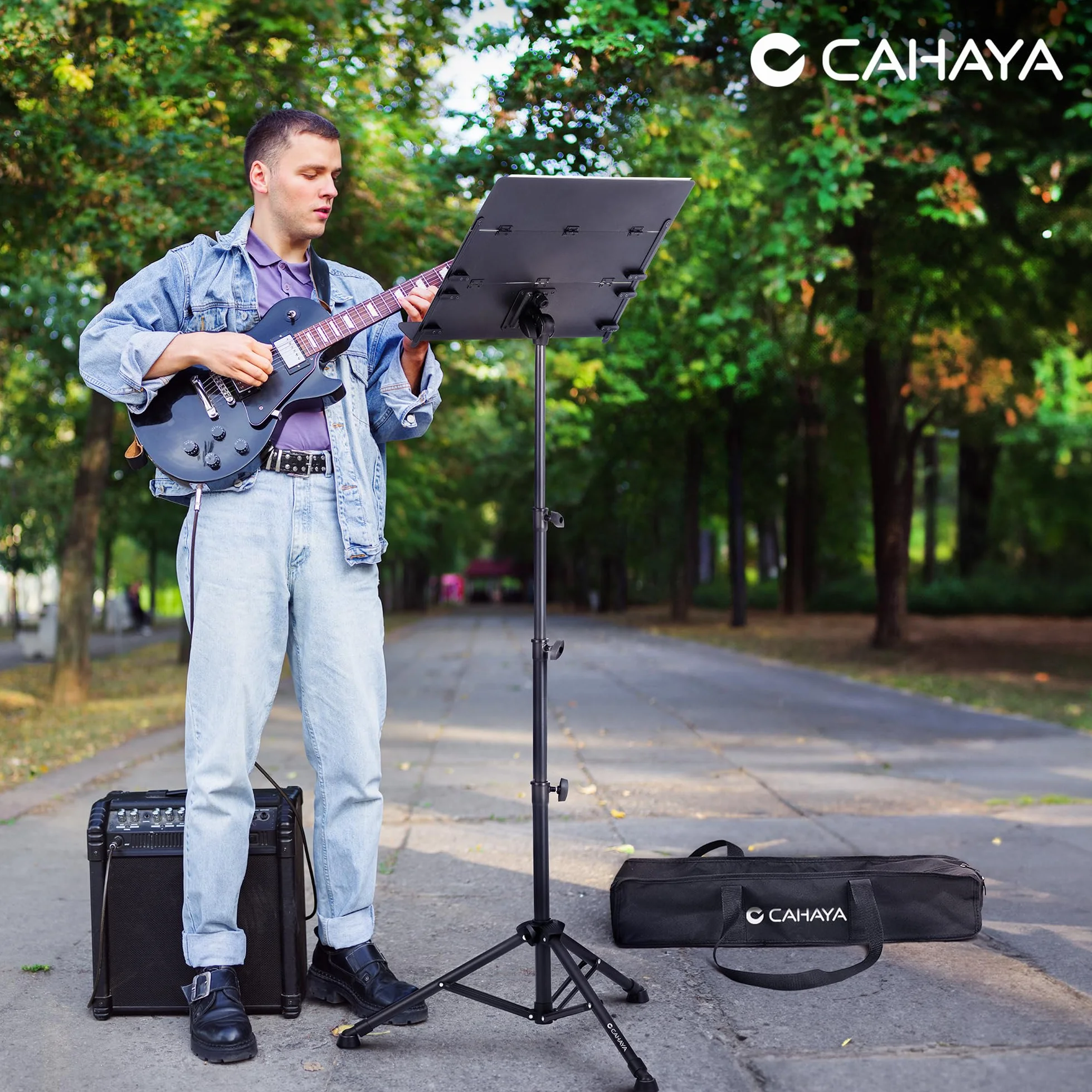 CAHAYA Atril Triple de Altura Plegable y Fácil de Guardar Atril de Metal, Altura Ajustable de 78 a 170 cm, Negro Mate CY000009-1