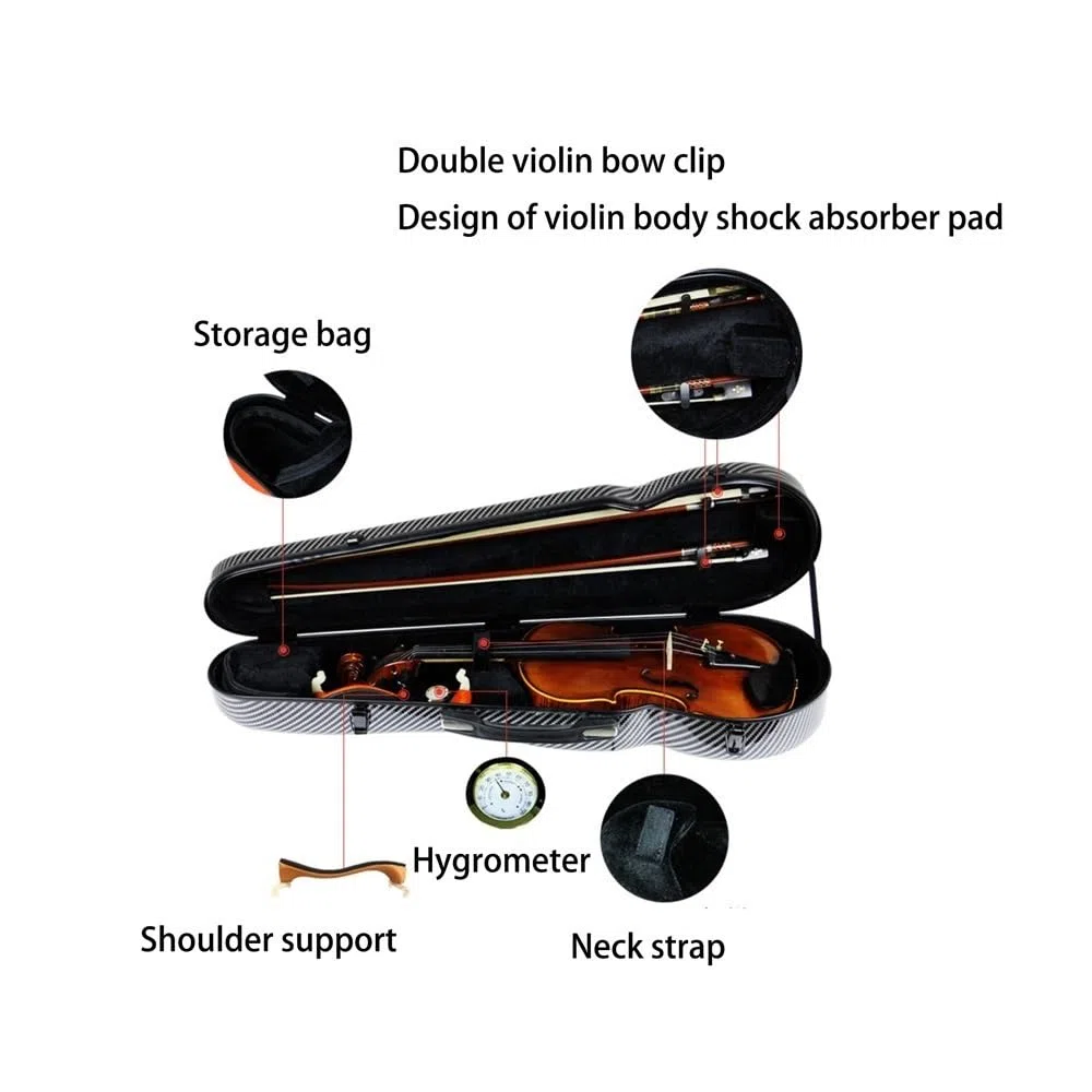 Estuche para violín de tamaño 4/4 3/4, de Fibra de Carbono, Resistente al Agua, con Correas traseras (Rojo) (Rayas Blancas)