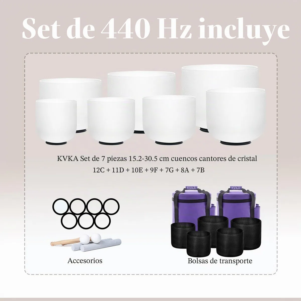 KVKA Cuencos de cristal para cantar, 7 unidades de 6-12 pulgadas, 440 Hz, chakra, cuarzo esmerilado, curación de sonido, para yoga, meditación, regalos con bolsa de transporte y mazo