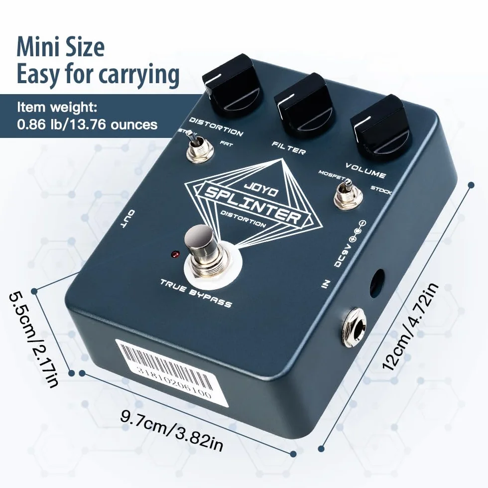 JOYO Pedal de Efectos de Guitarra de Distorsión con MOSFET Seleccionable y FAT Clipping, Distorsión de Refuerzo Grueso - True Bypass (SPLINTER JF-21)