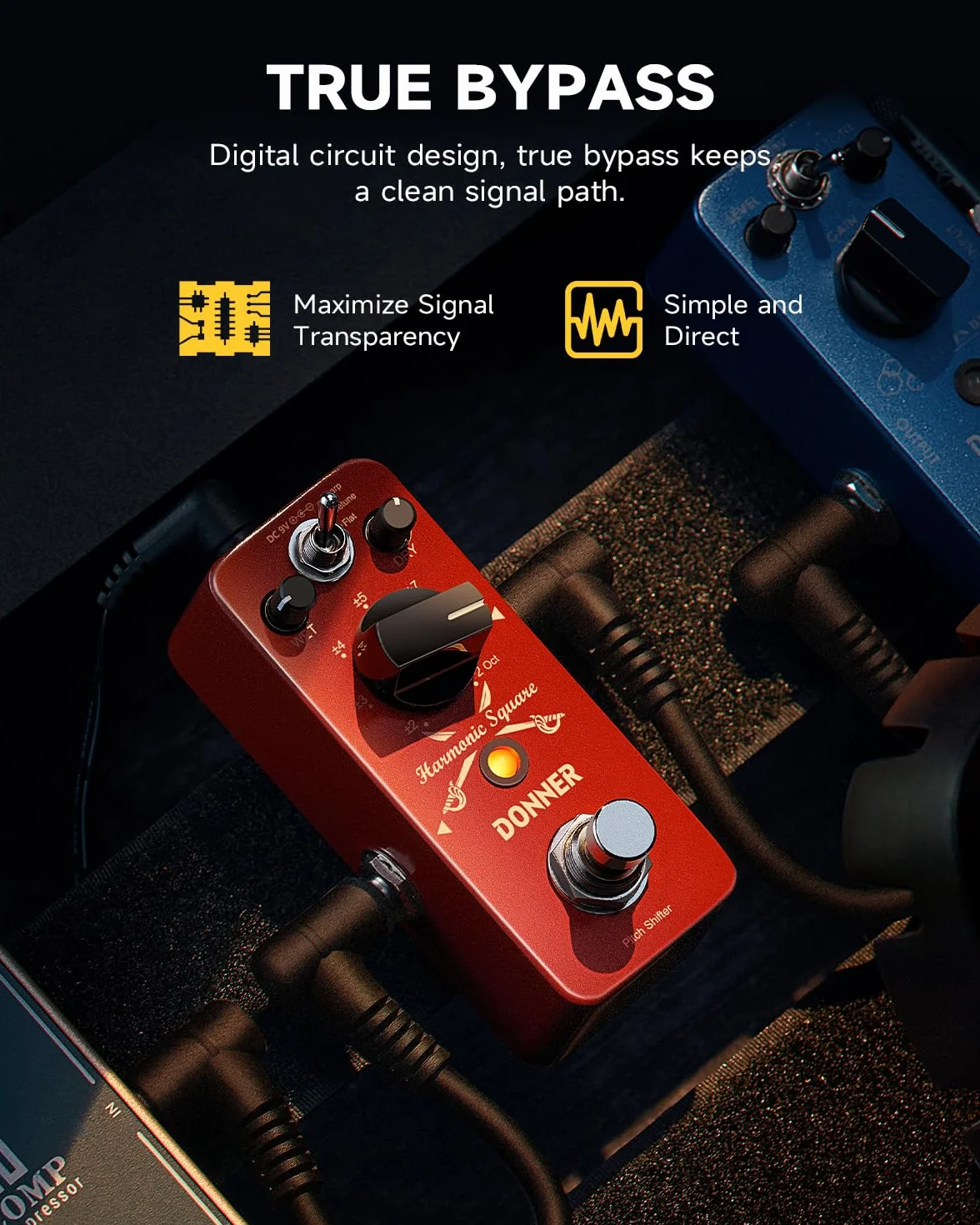 Donner Pedal de Octava para Guitarra, Harmonic Square Mini Pedal Digital Octave Pitch Shifter, 7 Modos de Cambio 3 Modos de Tono, Sharp/Detune/Flat, True Bypass