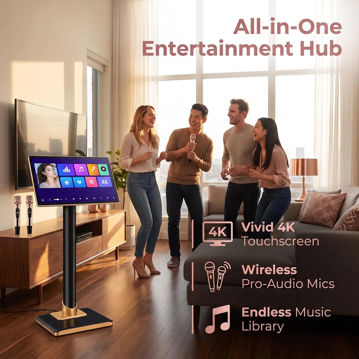 Sistema De Karaoke Profesional De 19/21,5 Pulgadas, Reproductor De Karaoke con Pantalla Táctil Capacitiva con Reverberación, Micrófono Inalámbrico, Amplificador De 19in 8T