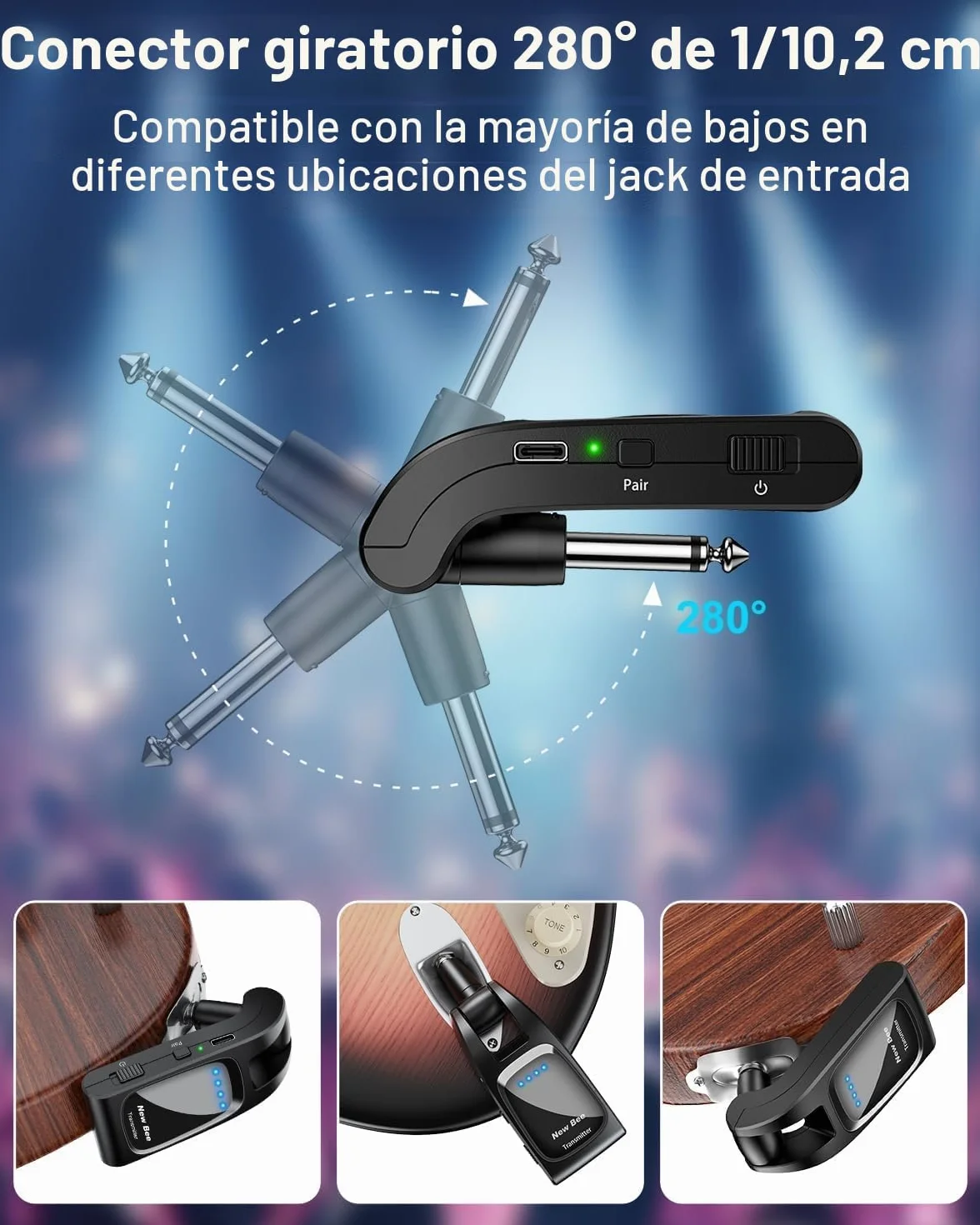 Sistema Inalámbrico de guitarra,New Bee 2.4GHz con 6 Canales de Audio Recargable Transmisor Receptor Inalámbrico de Guitarra para Guitarra bajo Instrumentos Eléctricos(Negro)