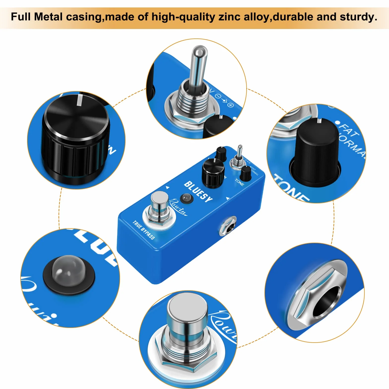Rowin Bluesy - Pedal de guitarra con modos FAT y normales, efecto de distorsión estilo Blues para guitarra eléctrica, bajo, True Bypass LEF-321
