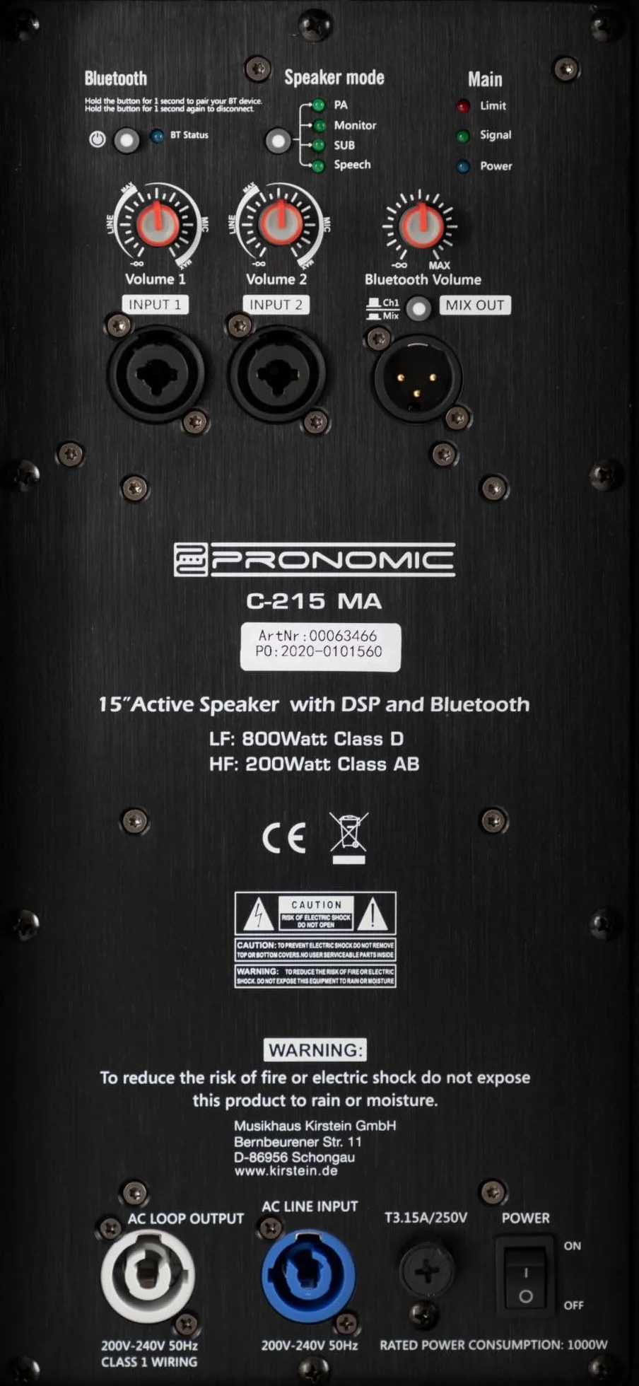Pronomic C-215 MA - 2X Altavoz Activo de 2 vías con 2 Canales - Potencia: 1000 vatios - Woofer de 15" + Tweeter de Titanio de 1,75" - Receptor Bluetooth - Carcasa con inclinación para el Monitor