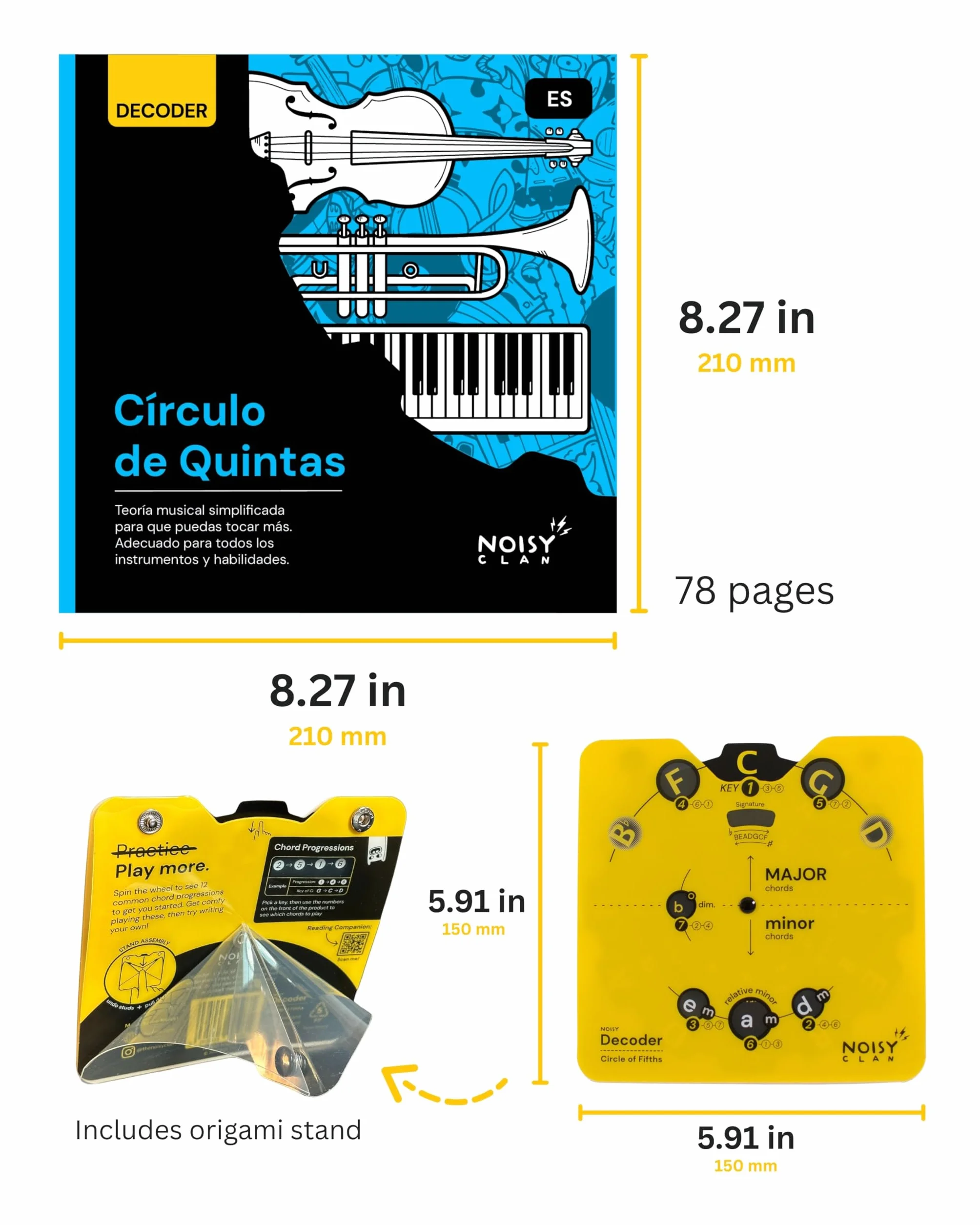 Noisy Clan - Círculo de Quintas + Libro de Teoría Musical en Español - Herramienta Pro con Rueda de Acordes y Soporte Origami - Para Guitarristas, Estudiantes y Compositores