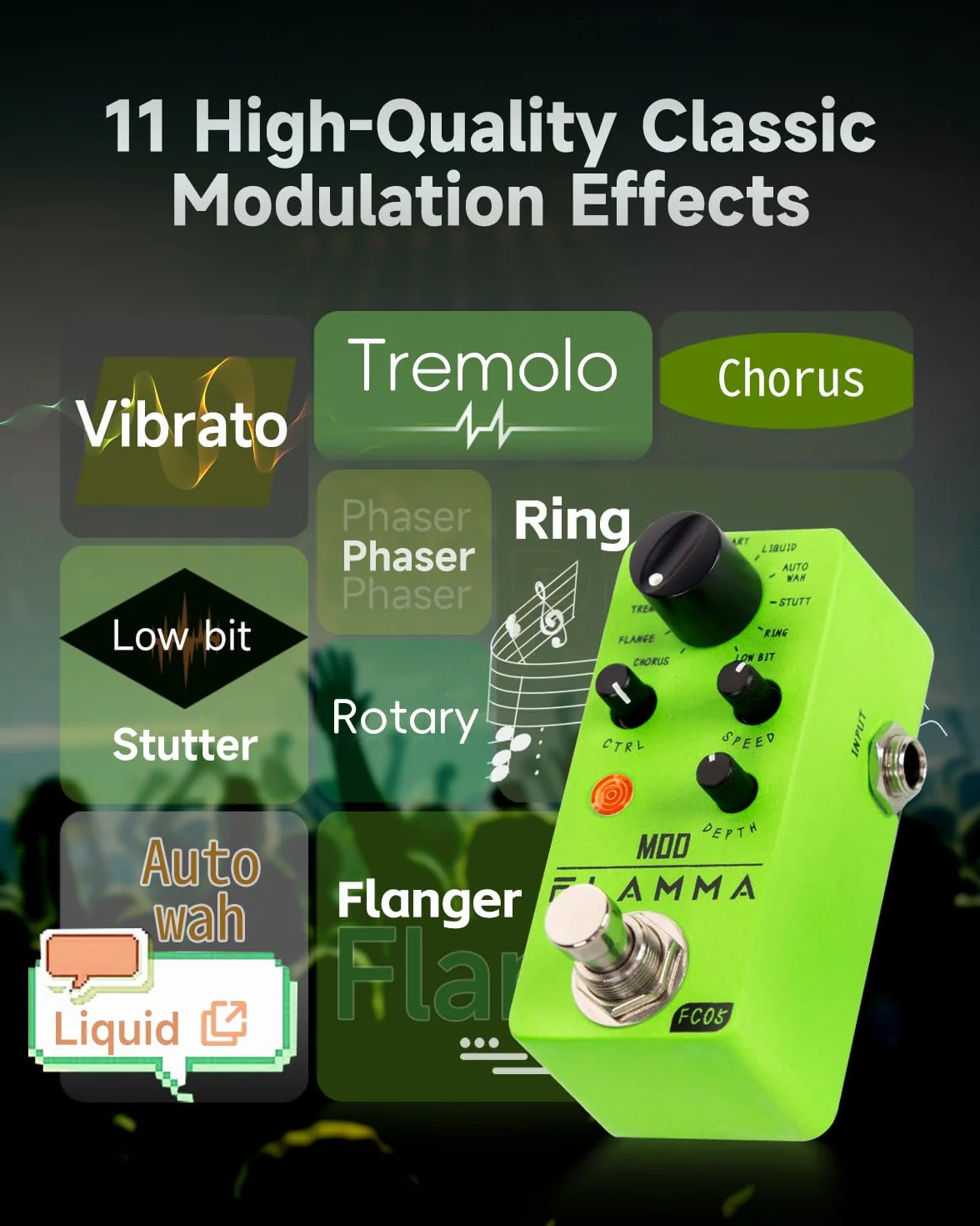 FLAMMA FC05 - Mini pedal de modulación con coro Flanger Trémolo Phaser Vibrato Rotary Liquid Autowah Stutter Ring LowBit