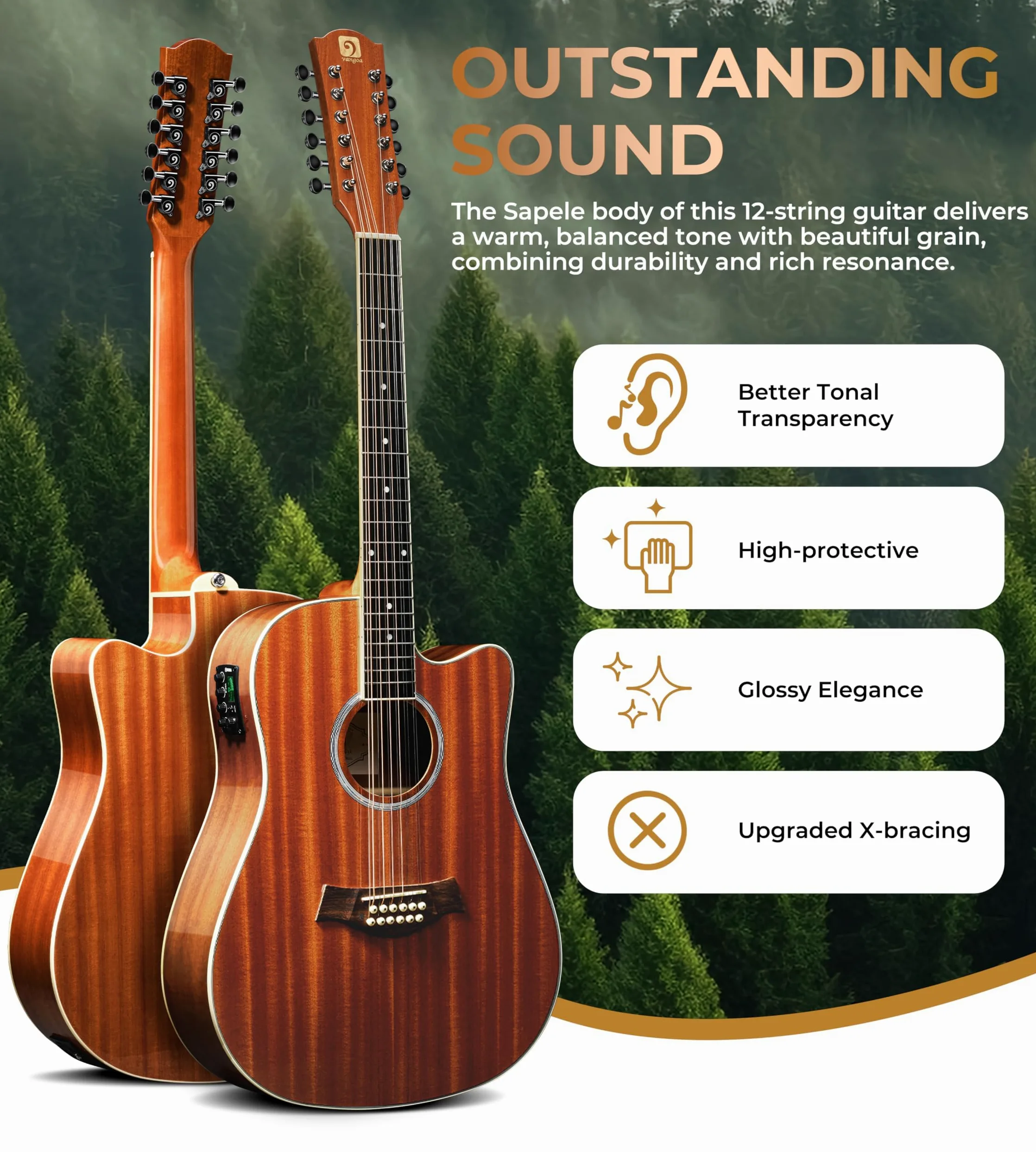 Vangoa Guitarra de 12 cuerdas, guitarra acústica eléctrica de doce cuerdas, paquete de guitarra eléctrica para principiantes, adultos y adolescentes, kit de inicio mejorado, cuerpo de sapele, marrón,