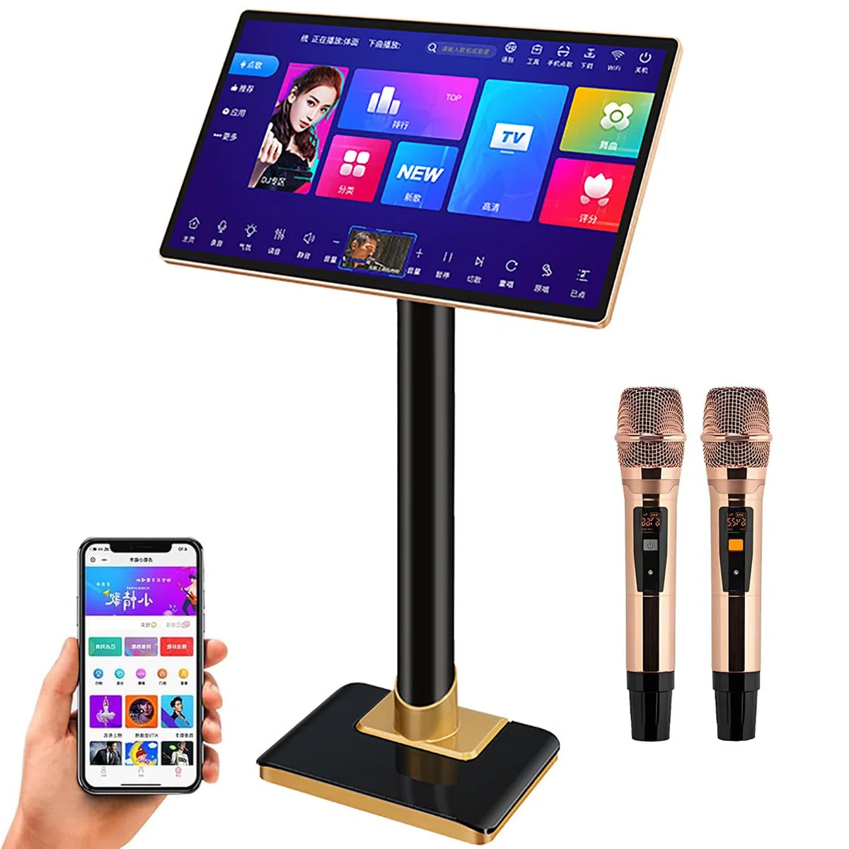 Máquina De Karaoke Profesional, con Pantalla Táctil Capacitiva De 21,5″ + Micrófono Inalámbrico, Control De Aplicación + Función De Amplificador De Potencia, para Fiestas En Casa, Ktv 500GB