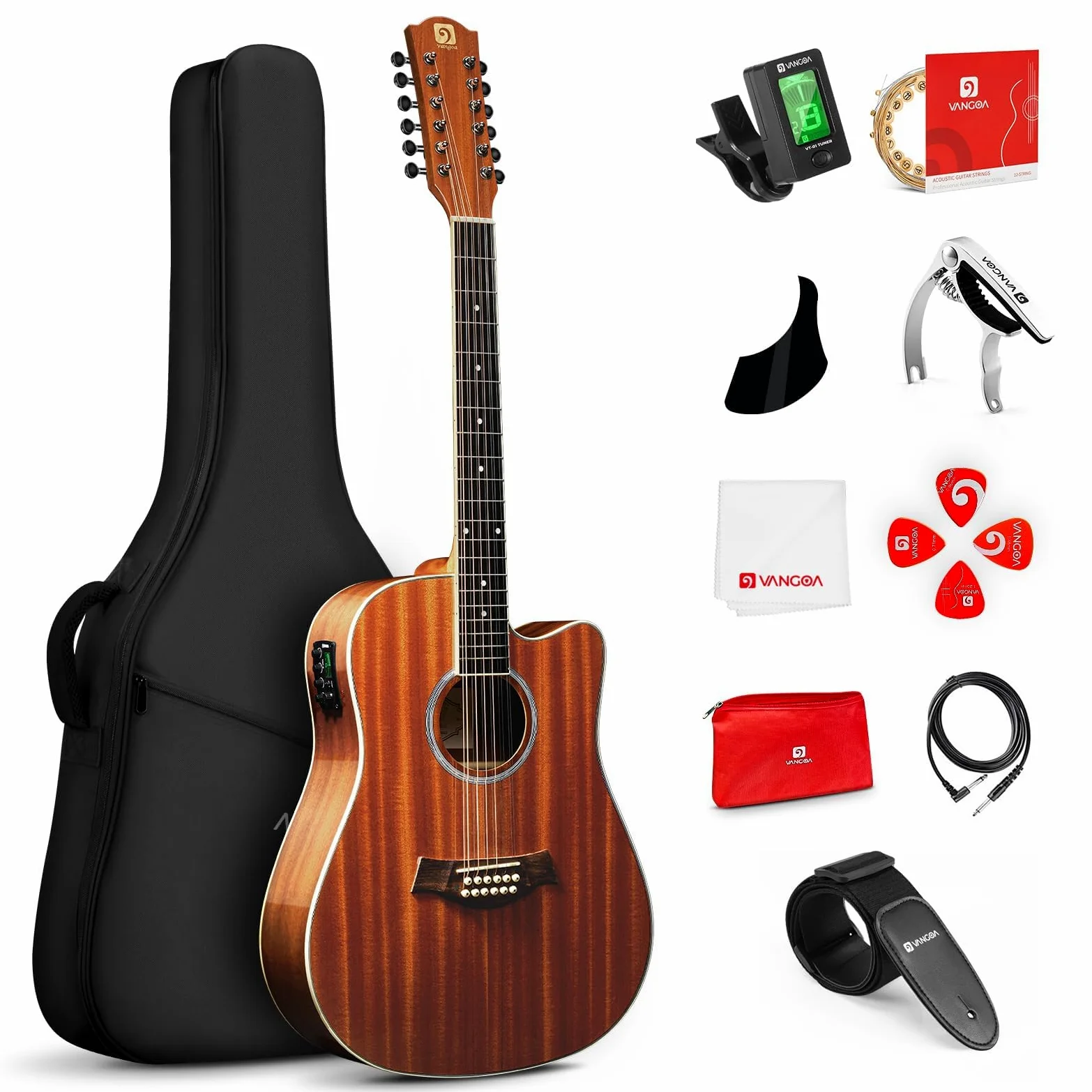 Vangoa Guitarra de 12 cuerdas, guitarra acústica eléctrica de doce cuerdas, paquete de guitarra eléctrica para principiantes, adultos y adolescentes, kit de inicio mejorado, cuerpo de sapele, marrón,