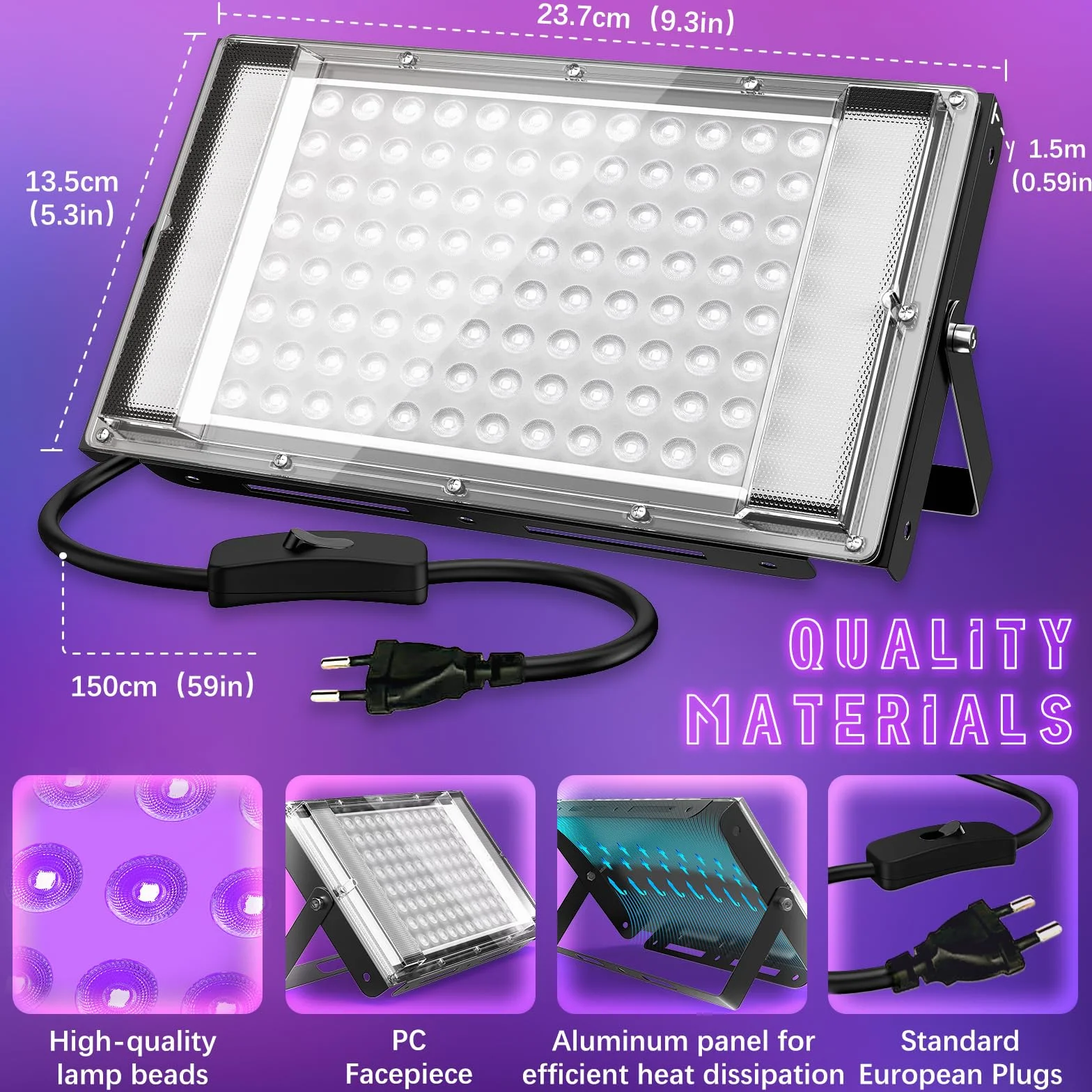 GKT 2 Piezas 100W LED Luz Negra, Luz Negra Ultravioleta, IP66 Impermeable, luz ultravioleta con Enchufe Para Halloween, Navidad, Body Painting, Fiesta fluorescente, Luz UV para Curar Resina