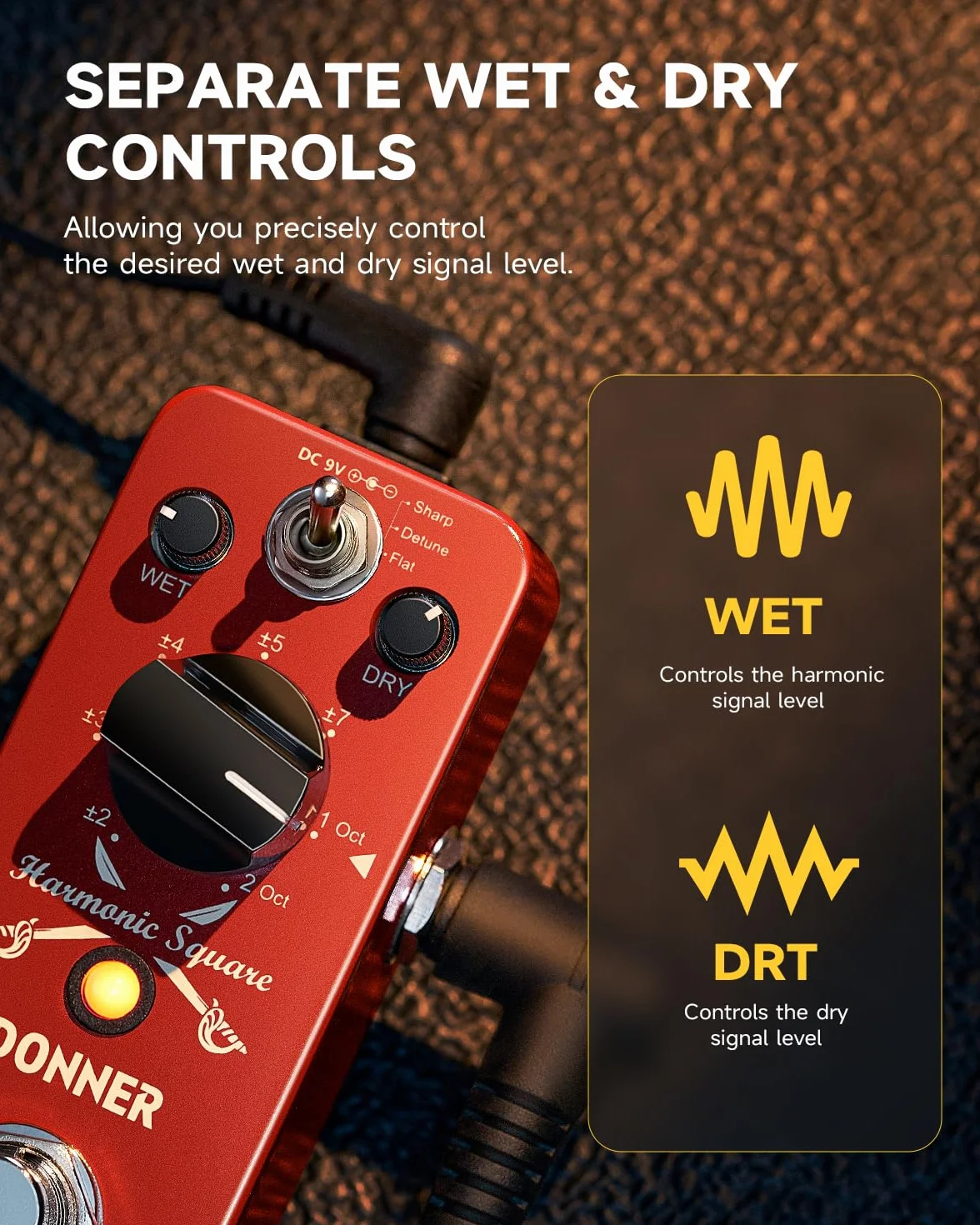 Donner Pedal de Octava para Guitarra, Harmonic Square Mini Pedal Digital Octave Pitch Shifter, 7 Modos de Cambio 3 Modos de Tono, Sharp/Detune/Flat, True Bypass