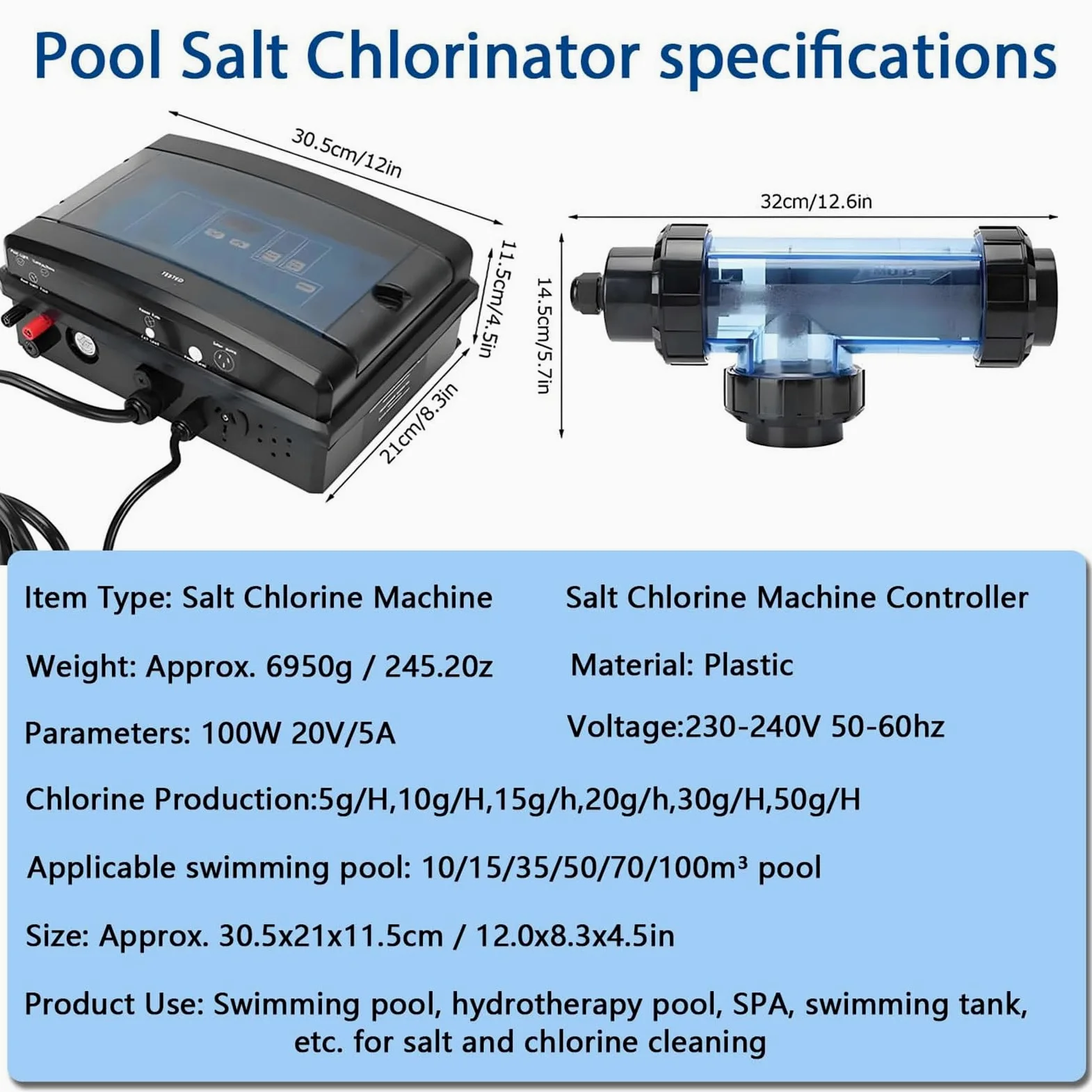Máquina De Cloración Electrolítica Salina, Generador De Cloro Para Agua Salada De 5/10/15/20/30/50 G/h Clorador Salino Para Piscinas Para Piscinas De 10 A 100 Metros Cúbicos(15g/H)