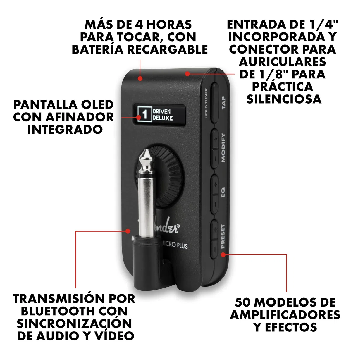 Fender Mustang Micro Plus Amplificador de Guitarra, Amplificador de Auriculares Personal con 25 Modelos de Amplificador, 25 Efectos, Bluetooth y 100 presets, Recargable por USB