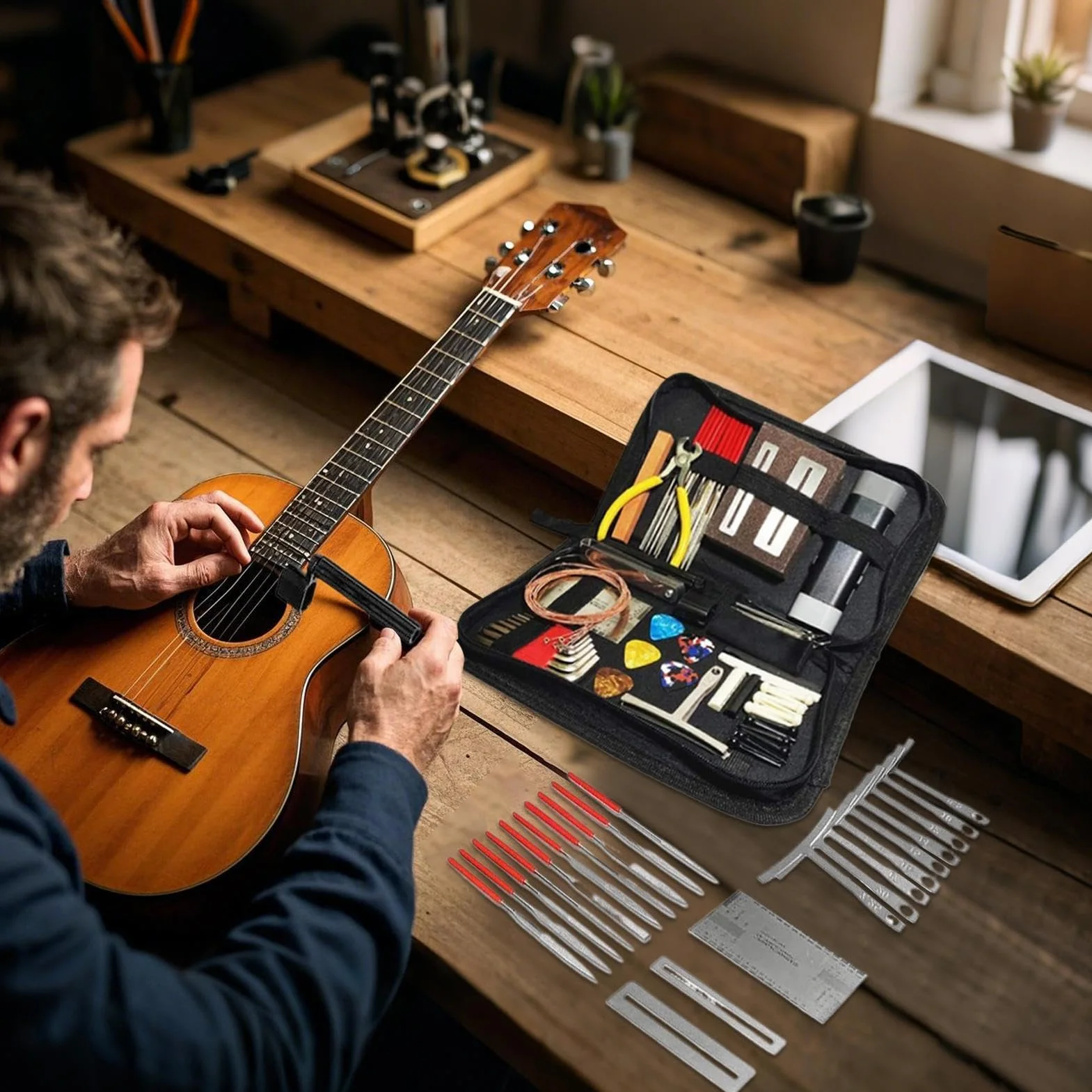 Kits de herramientas de configuración de guitarra, kit de herramientas de guitarra eléctrica | Kit de mantenimiento 72x con de transporte | Accesorios de instrumentos de cadena para músicos, set de