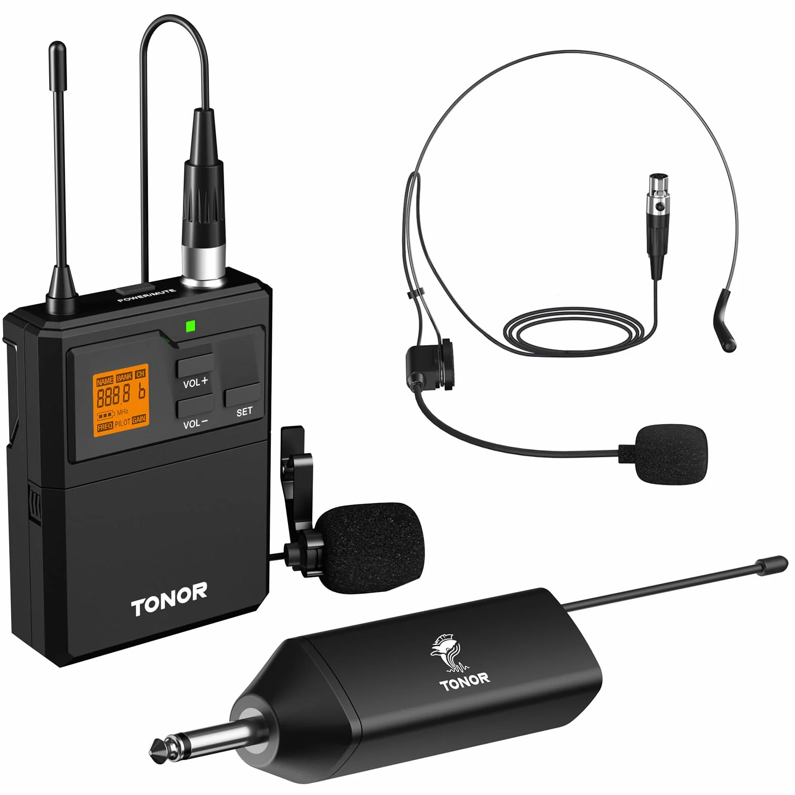 TONOR Microfono Inalambrico UHF con Micrófono Diadema/Lavalier Solapa Bolsillo Mic, Bodypack Transmisor y Mini Receiver 1/4 Pulgadas Salida, 60M para Actuaciones en Vivo Reuniones Lglesia Discurso