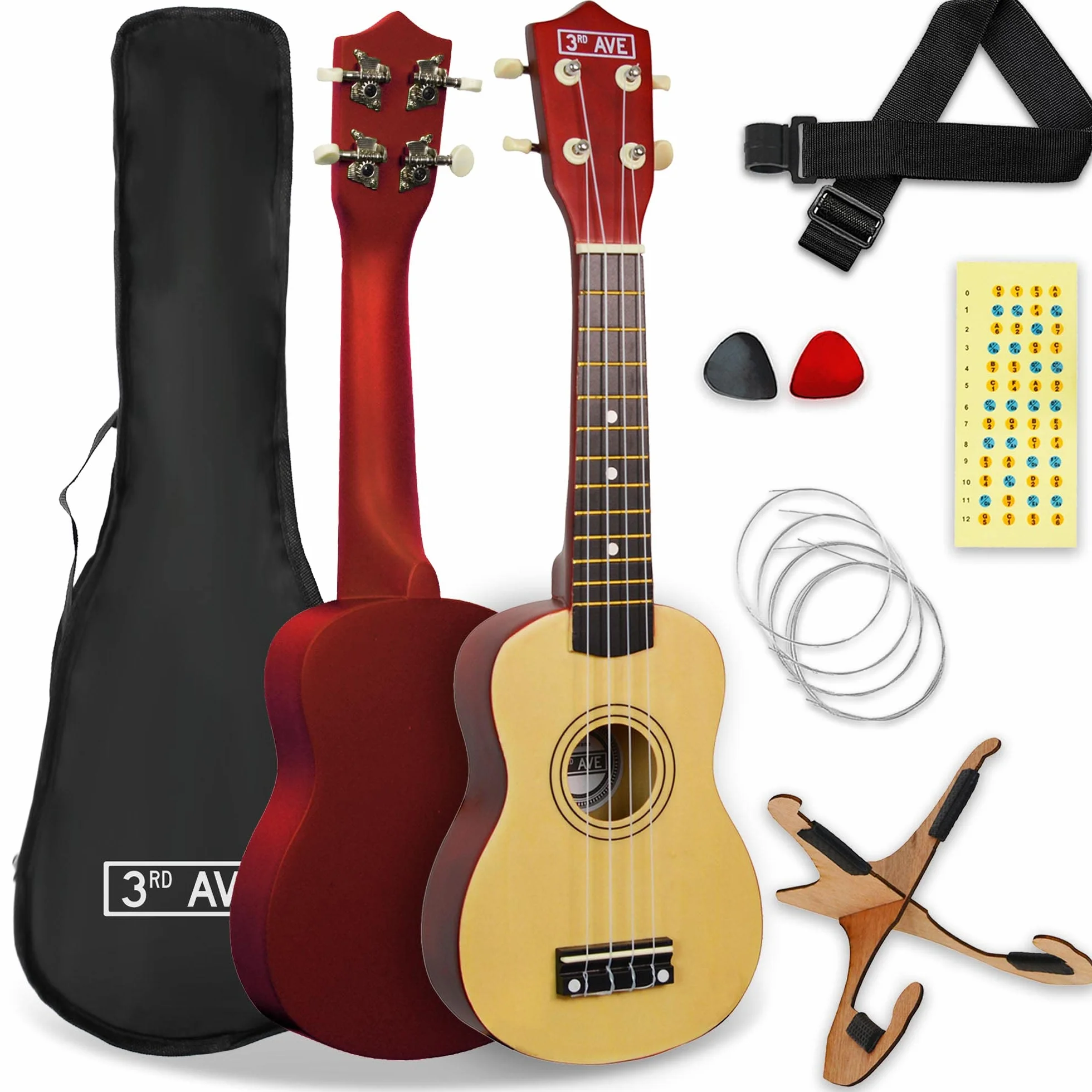 3rd Avenue Pack de ukulele soprano para principiantes de 21 pulgadas para principiantes – Con funda, soporte, correa, cuerdas, púas y marcadores adhesivos para el diapasón – Natural
