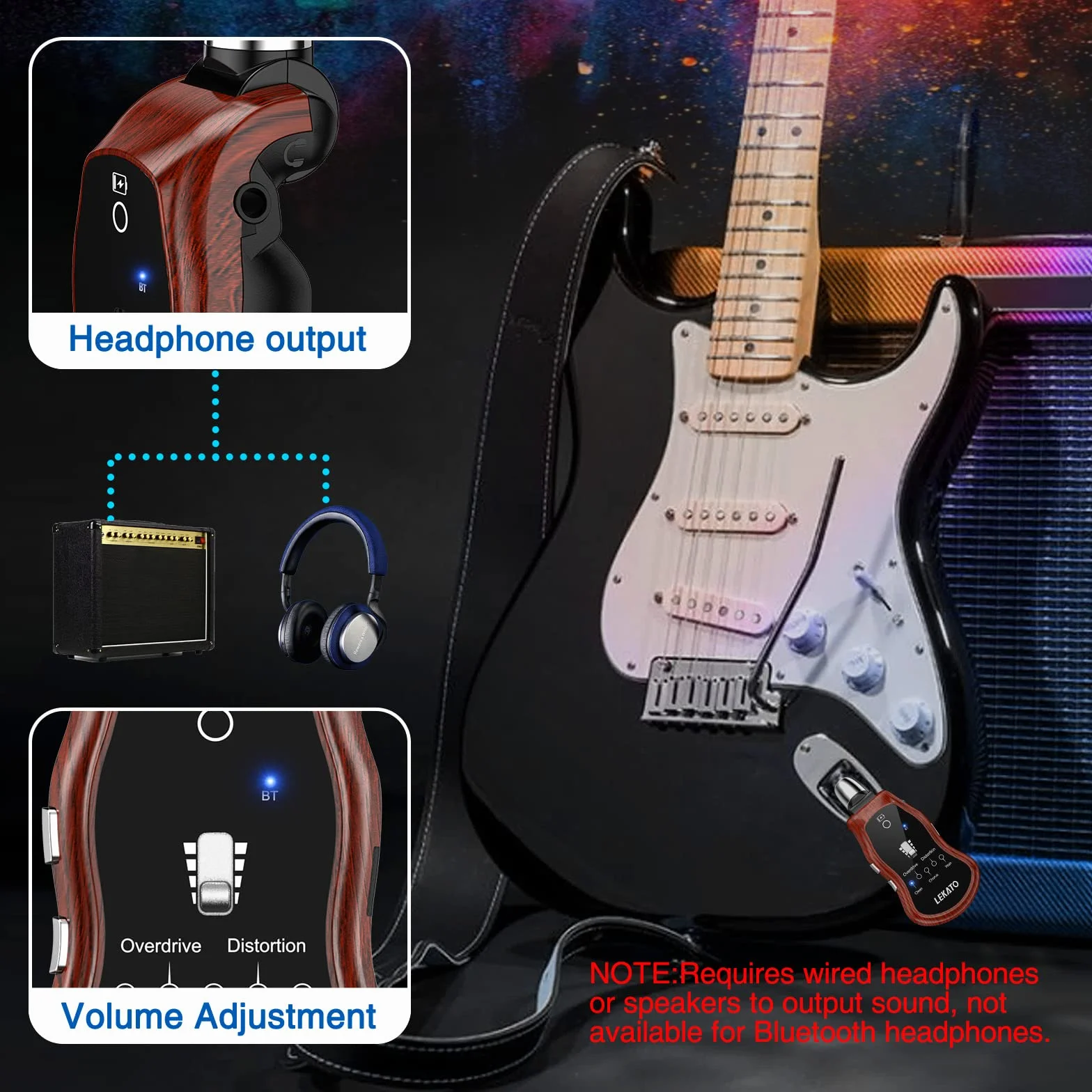 LEKATO Mini Amplificador de Guitarra Recargable de Bolsillo con Receptor Bluetooth, distorsión de sobremarcha y Wah