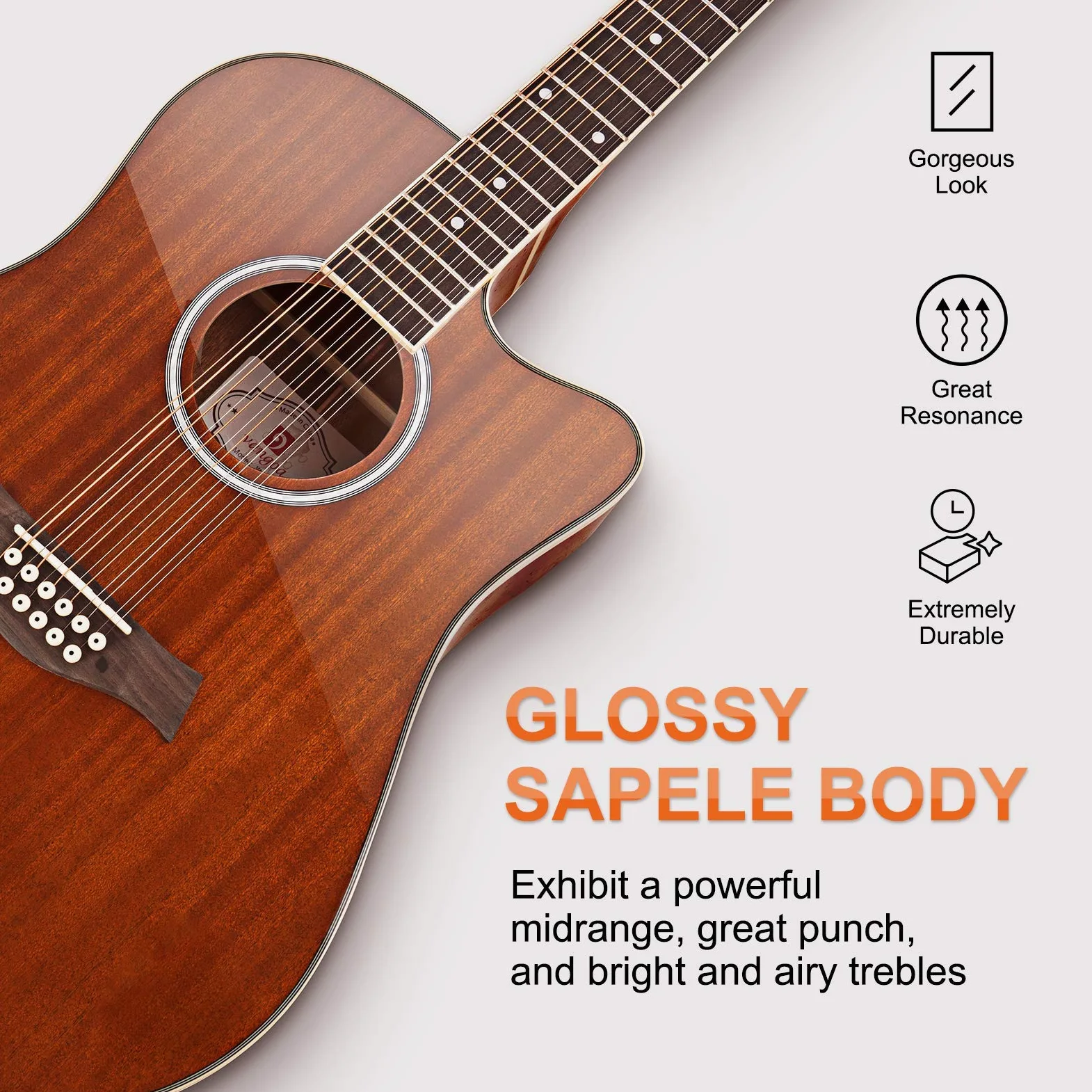 Vangoa Guitarra de 12 cuerdas, guitarra acústica eléctrica de doce cuerdas, paquete de guitarra eléctrica para principiantes, adultos y adolescentes, kit de inicio mejorado, cuerpo de sapele, marrón,