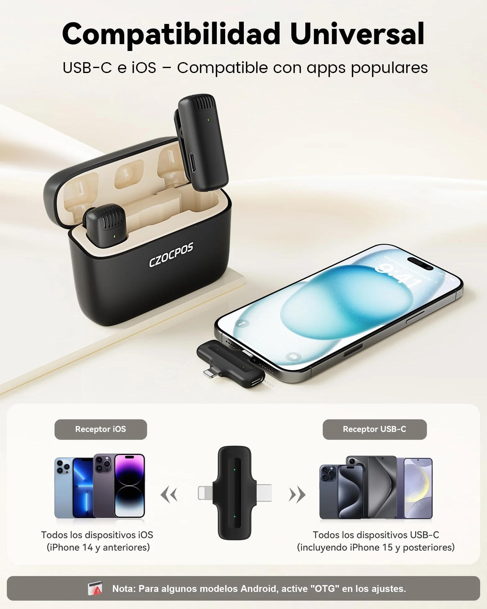 CZOCPOS Micrófono inalámbrico para Phone, Pad y Android con Estuche de Carga, 2 micrófonos de Solapa Plug & Play, reducción de Ruido, Mini micrófono para Video, Youtube, Vlog y Streaming