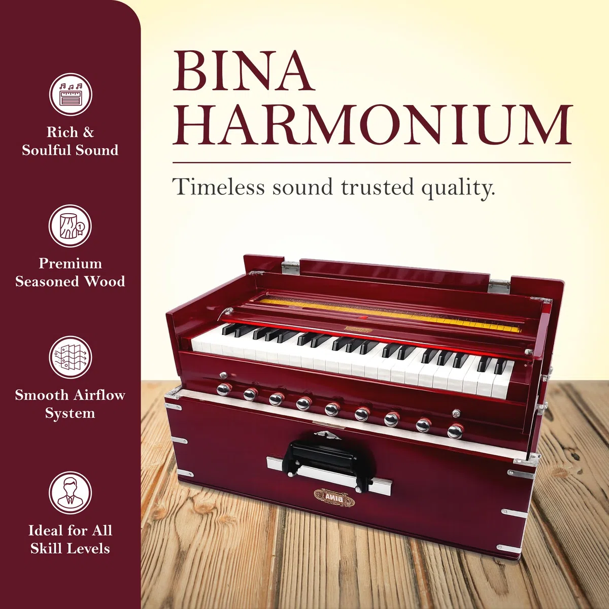 Harmonium BINA n.º 23B Dx. Cereza portátil de 3 1/2 octavas, edición 2024, pequeño, portátil, compacto, safri, color natural, Kirtan, teclado indio