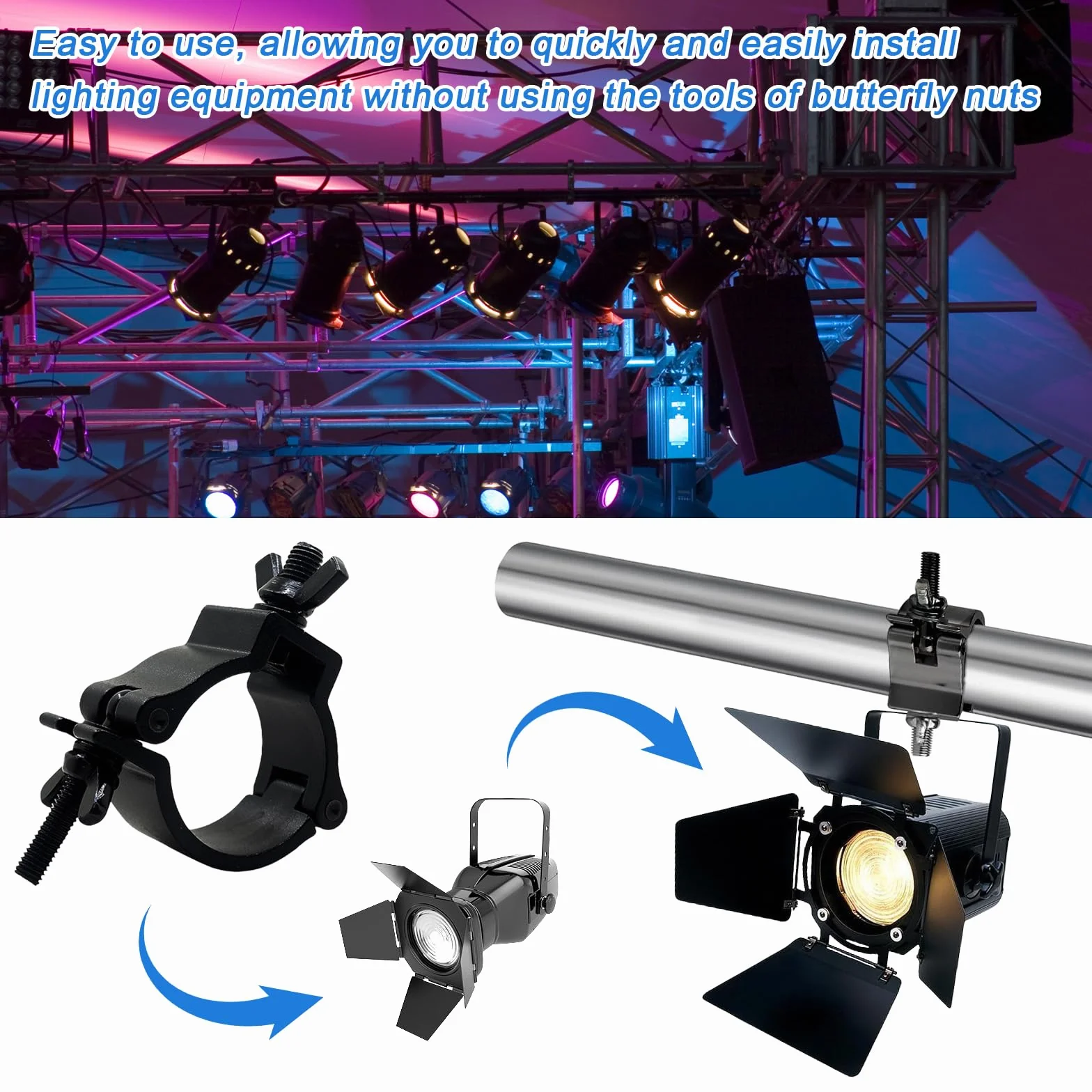 2 Piezas Truss Clamp: 48-52 mm Abrazadera para Luces de Escenarios, Abrazadera de Armadura de Gancho de Luz de Escenario Carga Máx 200KG, Accesorio de Truss para Proyectores (Negro)
